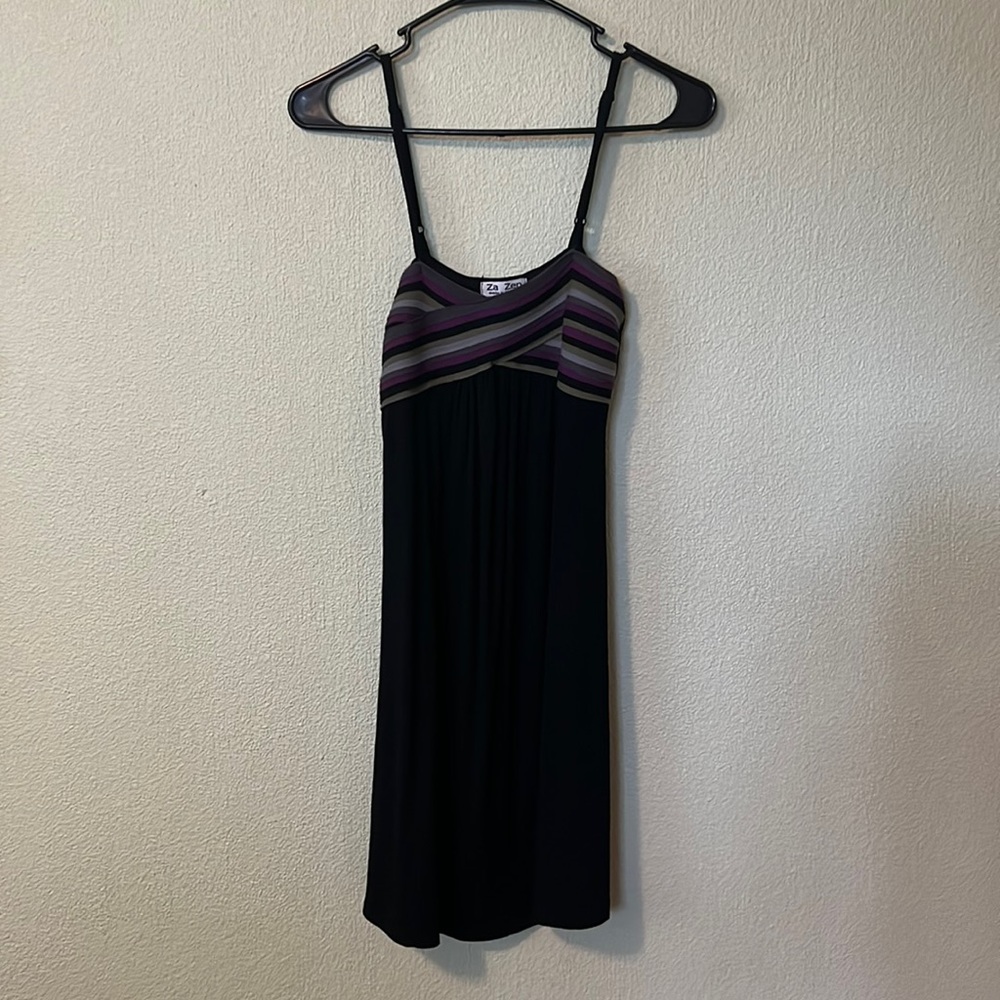 Black, purple, green, grey dress